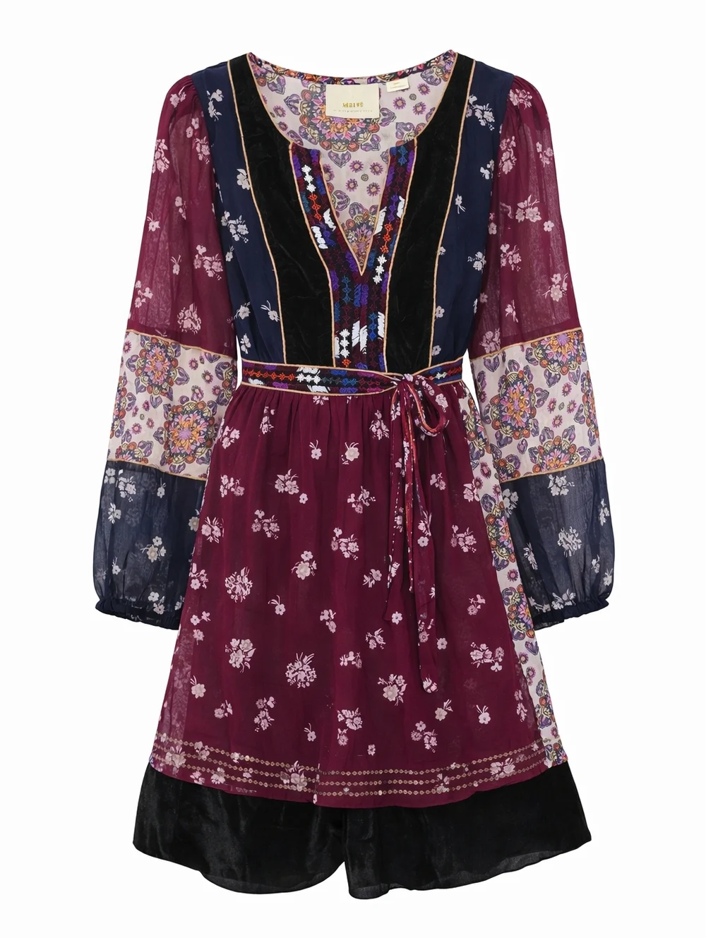 Maeve Anthropologie Dress Women Boho Floral Velvet Trim Tie XS Sheer Sleeve. - Picture 2 of 16